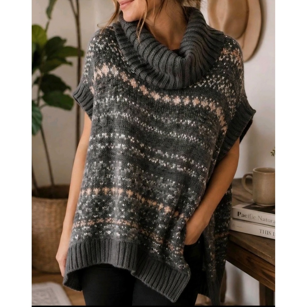 Free People XS Grey Fair Isle Cowl Neck Oversized Sweater Vest Wool Alpaca Blend